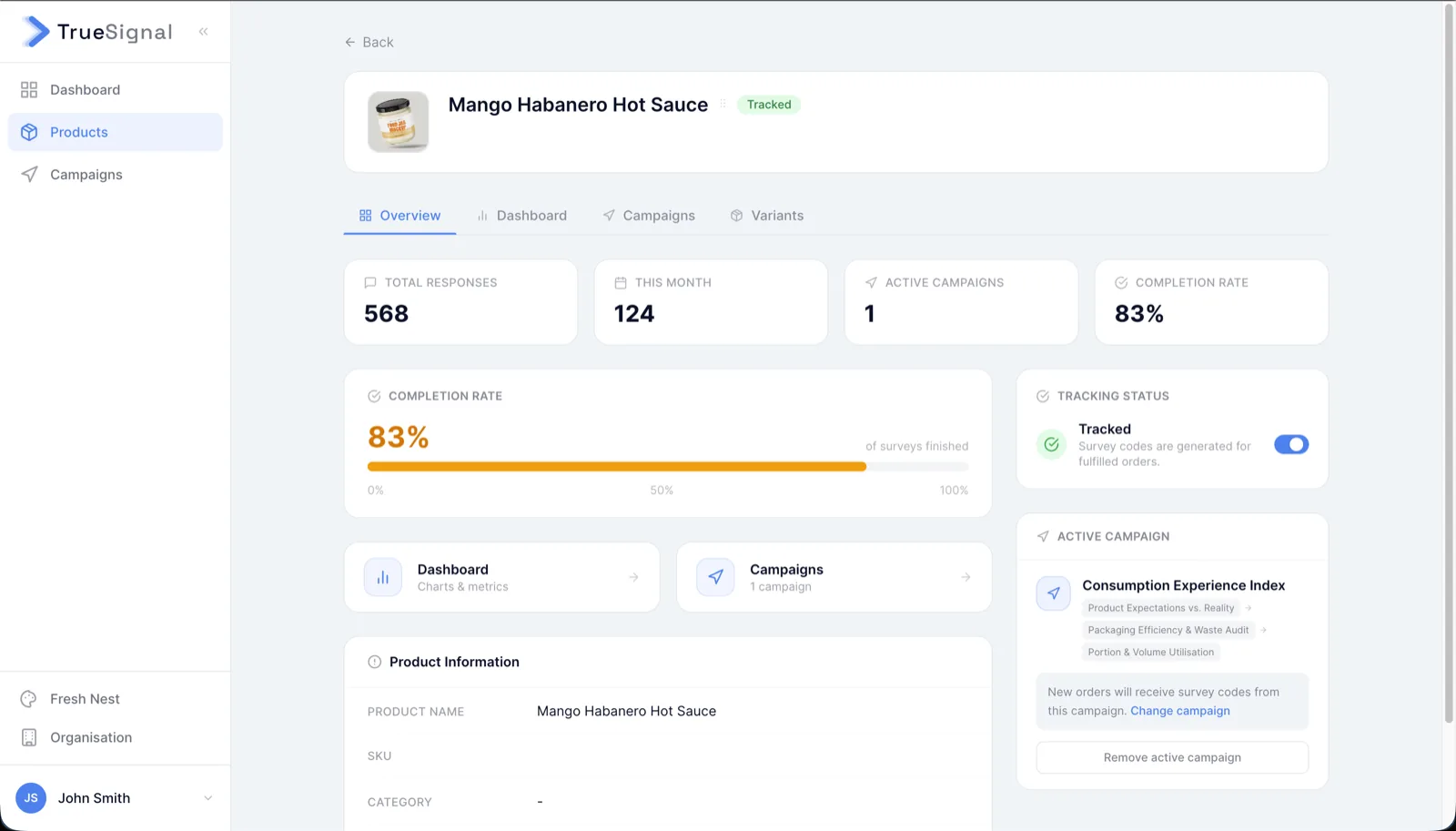 TrueSignal per-product view showing response totals, completion rate, and active survey campaign for a tracked SKU