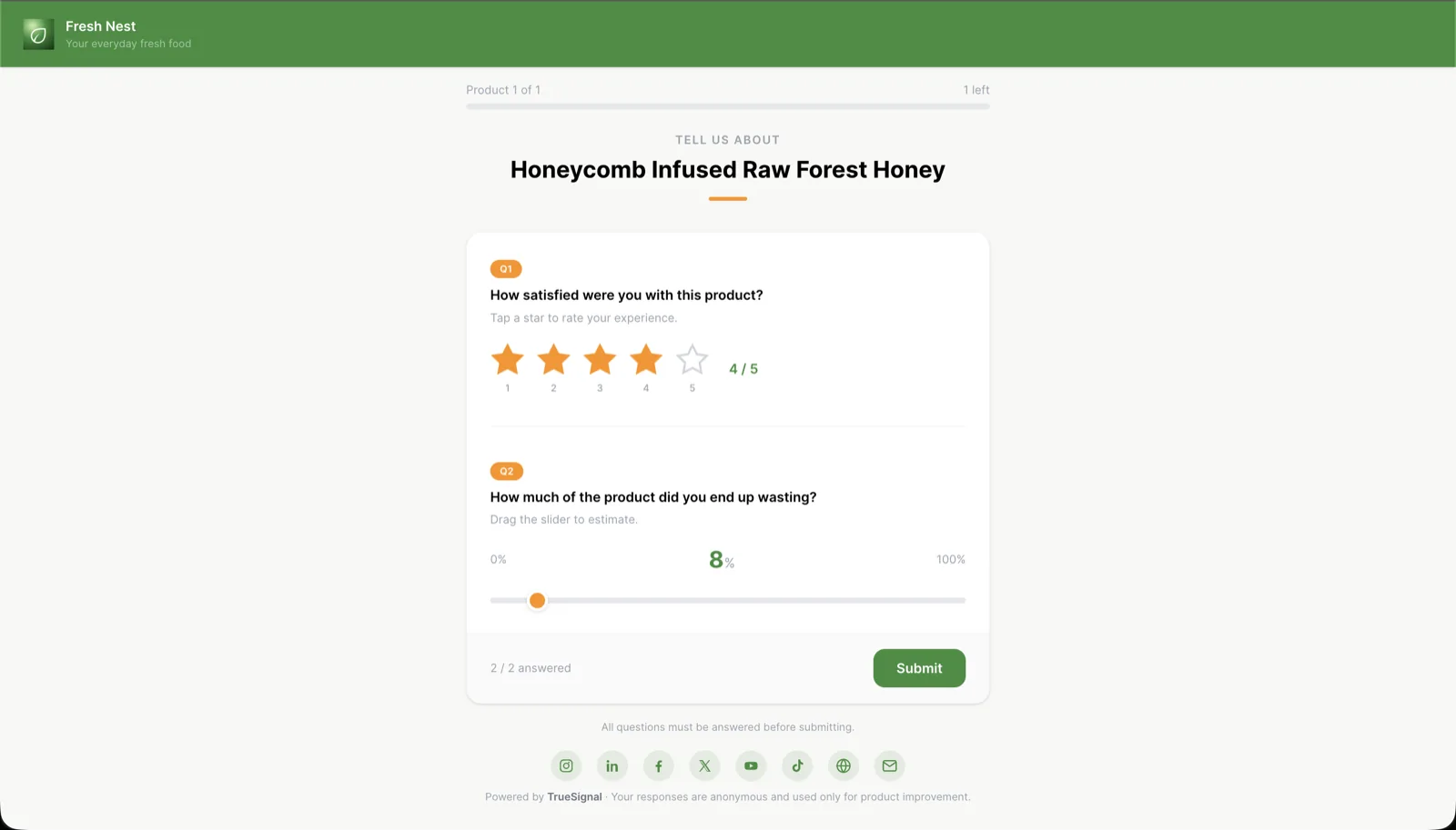 A fully branded post-purchase survey page as the customer sees it, with the brand's own logo and colors